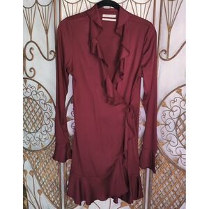Urban Outfitters Burgundy Ruffle Wrap Mini Dress Long Sleeve Bell Cuffs Small
